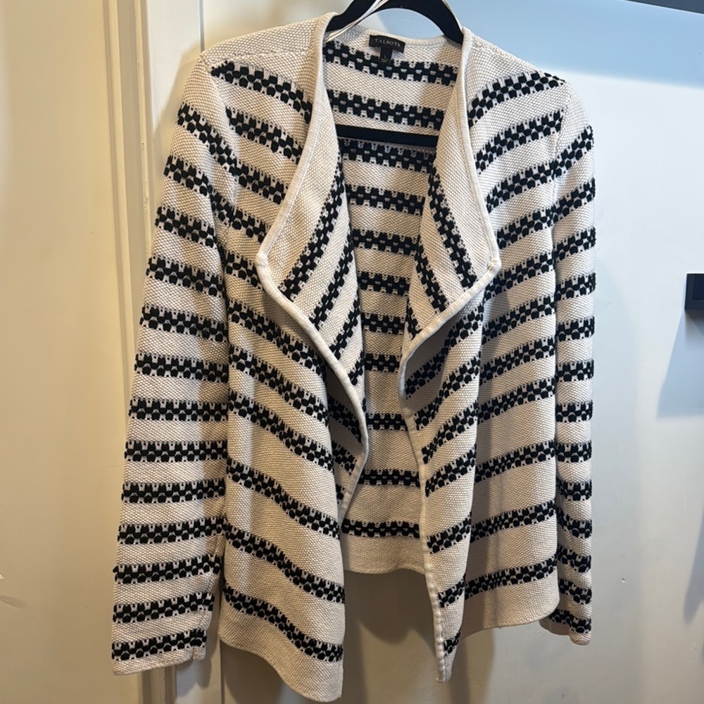 Talbots Black and White Striped Cardigan Sweater